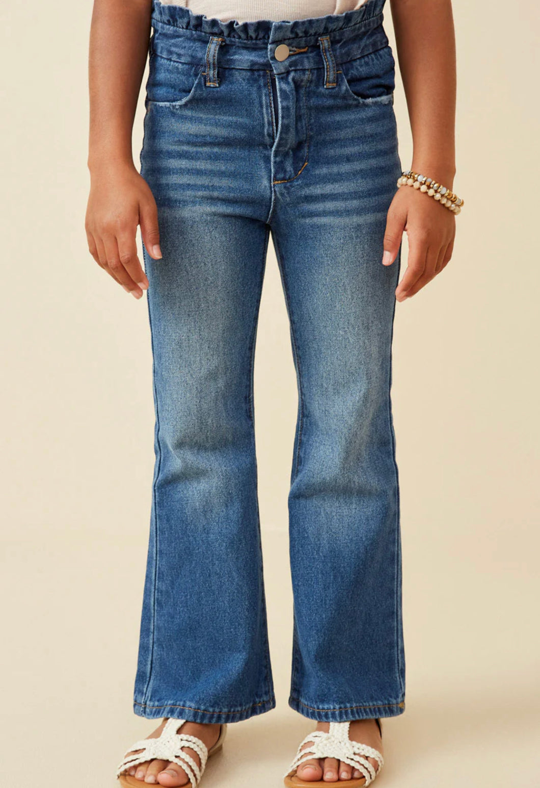 Girls Washed Paper Bag Waist Flared Denim Jeans