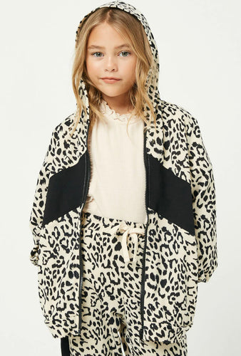 Girls Leopard Contrast Zip Up Hoodie