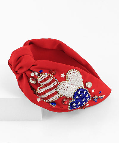 Red Patriotic Heart Beaded Headband