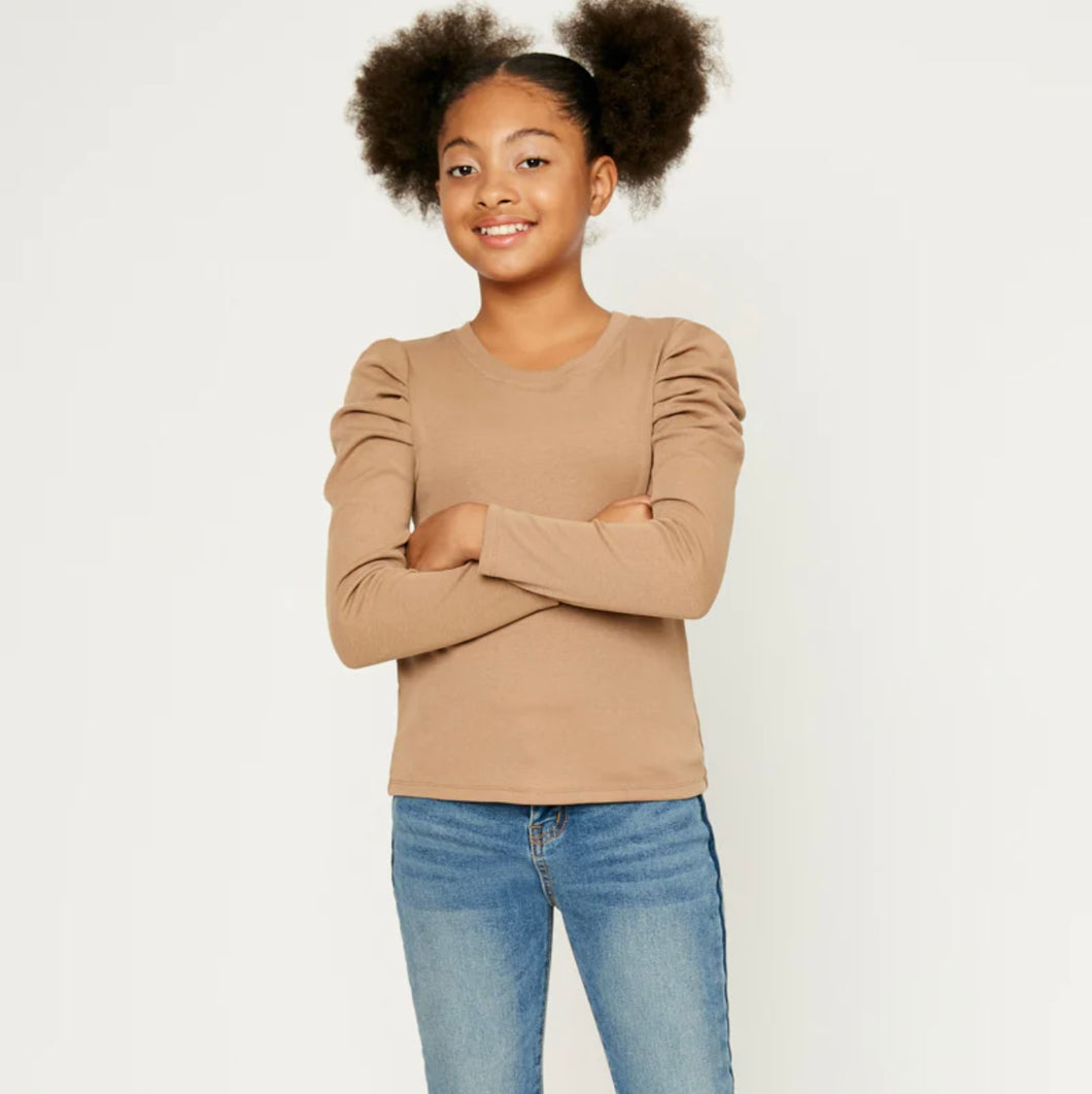 Taupe Pleated Puff Shoulder Knit Top