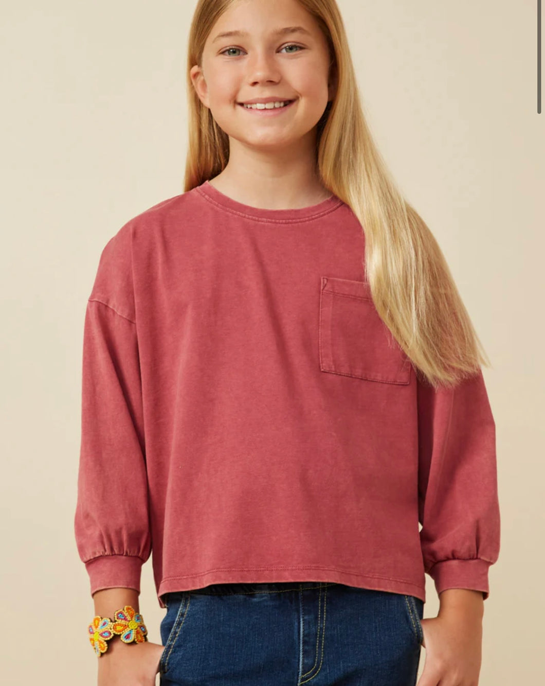 Magenta Drop Shoulder Washed Long Sleeve Knit T Shirt