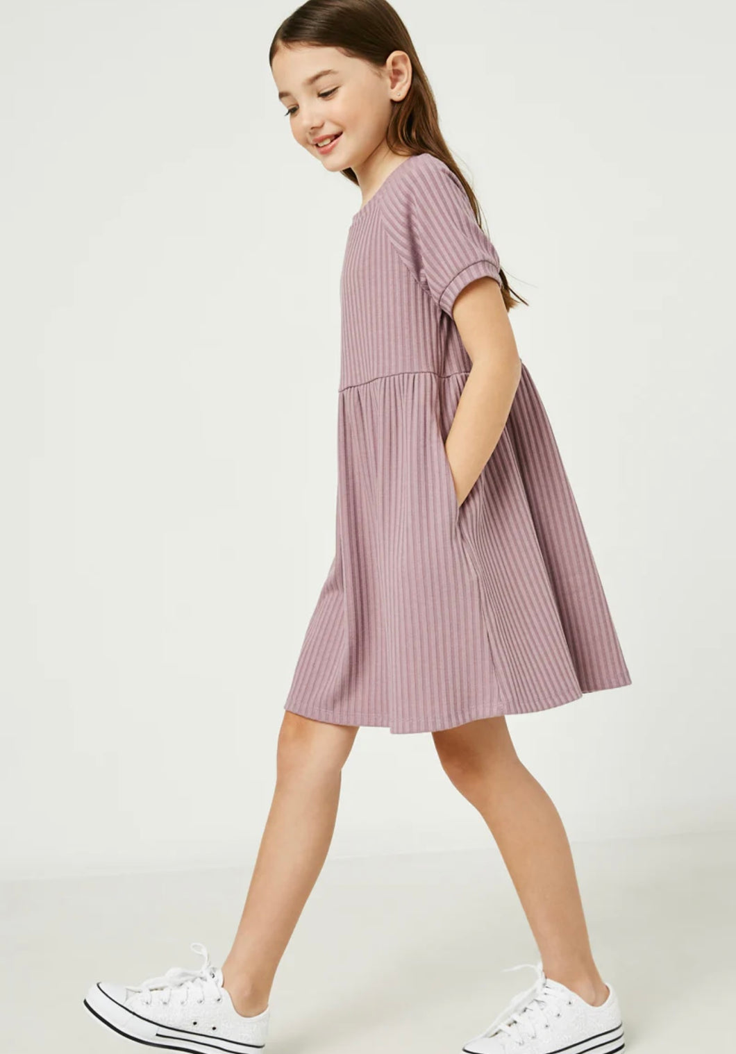 Purple Short Sleeve Pocket Texture Rib Knit Tunic Dress