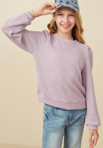 Lavender Knit Banded Detail Mock Neck Top