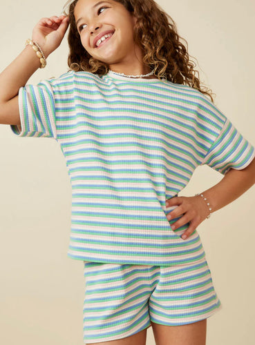 Multi Stripe Waffle Knit Drop Shoulder T Shirt