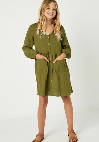 Olive Button Down Pocketed Dress