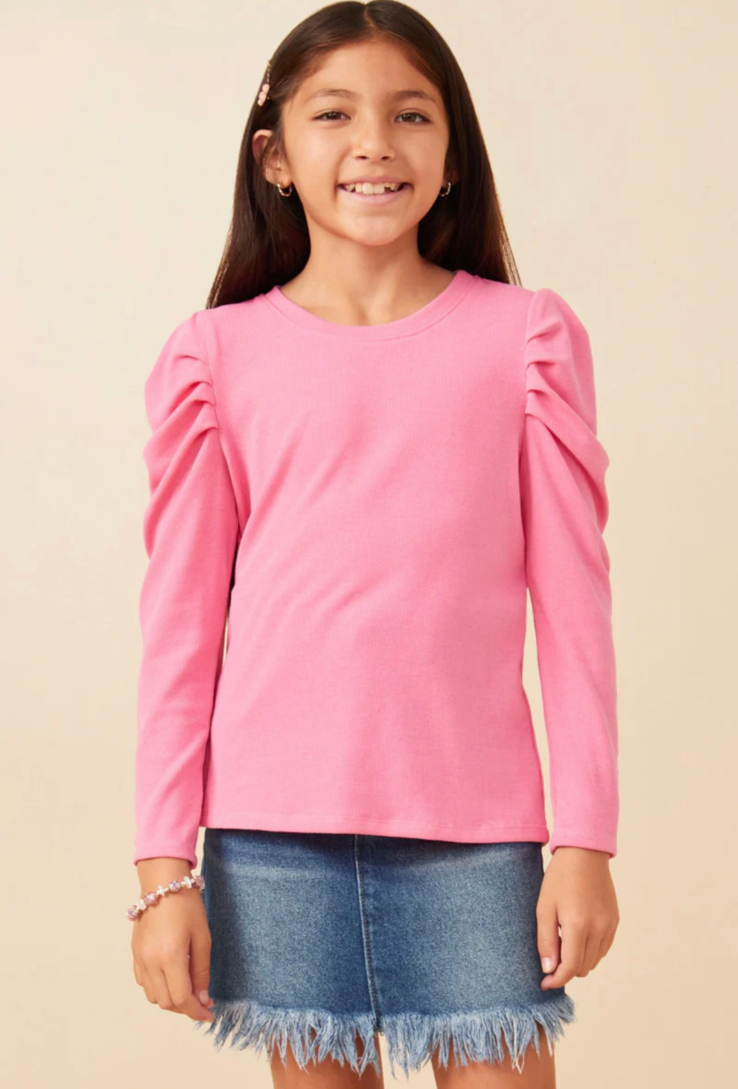 Pink Pleated Puff Shoulder Knit Top