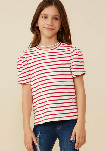 Pleated Puff Sleeve Red Stripe Knit T Shirt