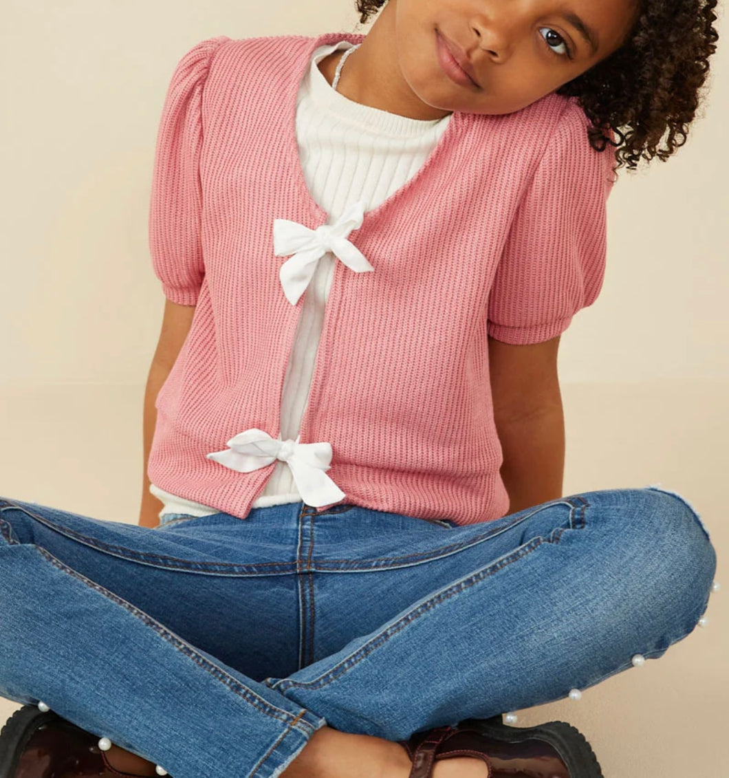 Pink Ribbed Knit Bow Detail Short Sleeve Open Top