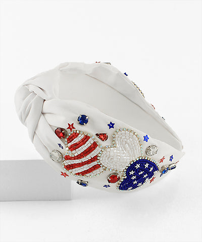 White Patriotic Heart Beaded Headband