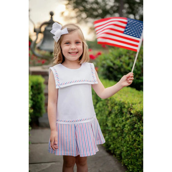 Hadley Dress - White Patriotic Pinstripe