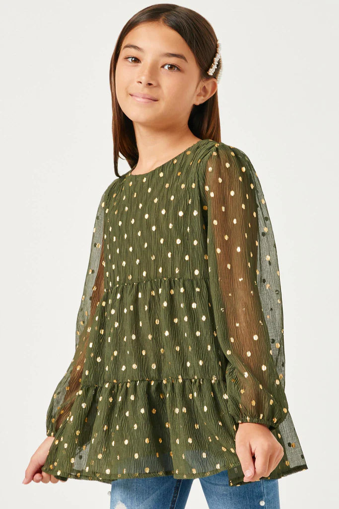 Olive Metallic Dot Tiered Tunic