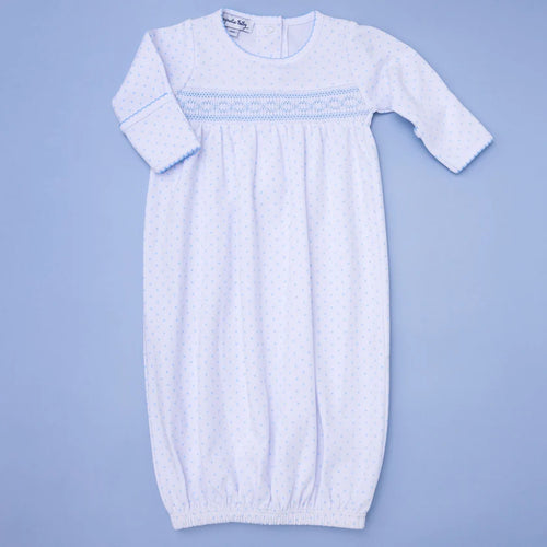 Mini Dot Smocked Gathered Gown - Light Blue